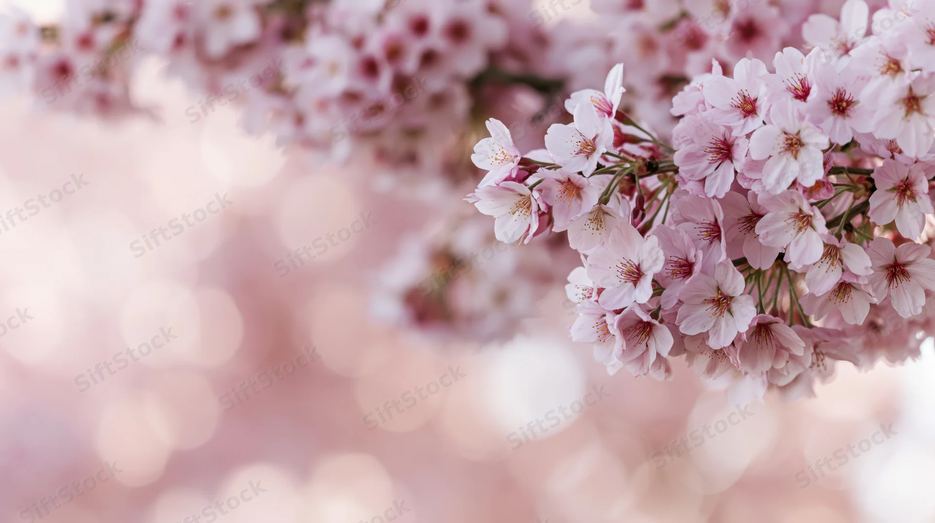 Cherry blossom branches in full bloom on the right with soft bokeh background