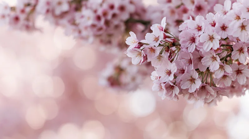 Cherry blossom branches in full bloom on the right with soft bokeh background