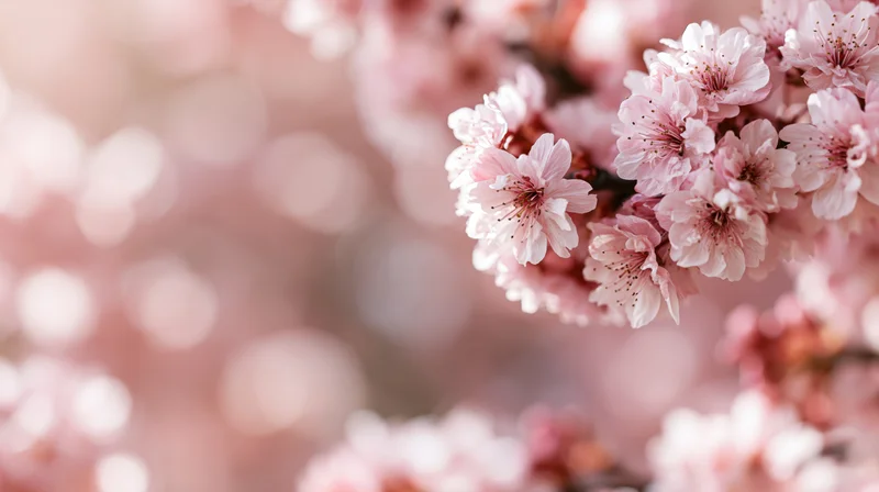 Cherry blossom branches in full bloom on the right side of the frame with soft focus background