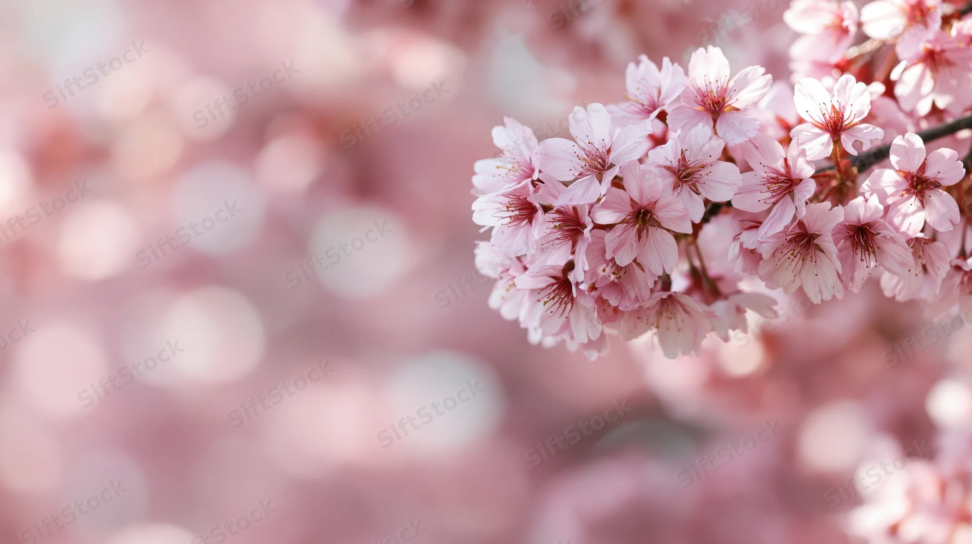 Cherry blossom branch in full bloom against a soft pink bokeh background
