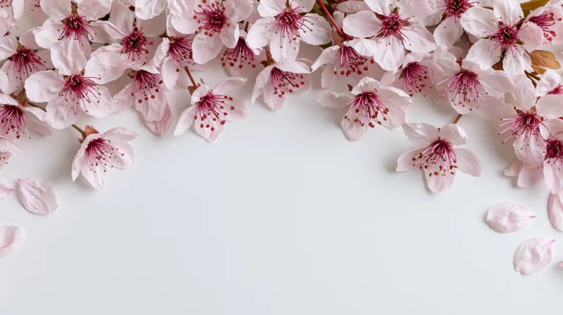 Cherry blossom flowers and scattered petals arranged in an arc along the top of a white surface