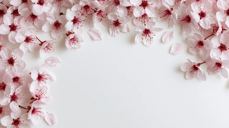 Cherry blossom flowers and petals arranged in an arc along the top and sides of a white surface, leaving central copyspace