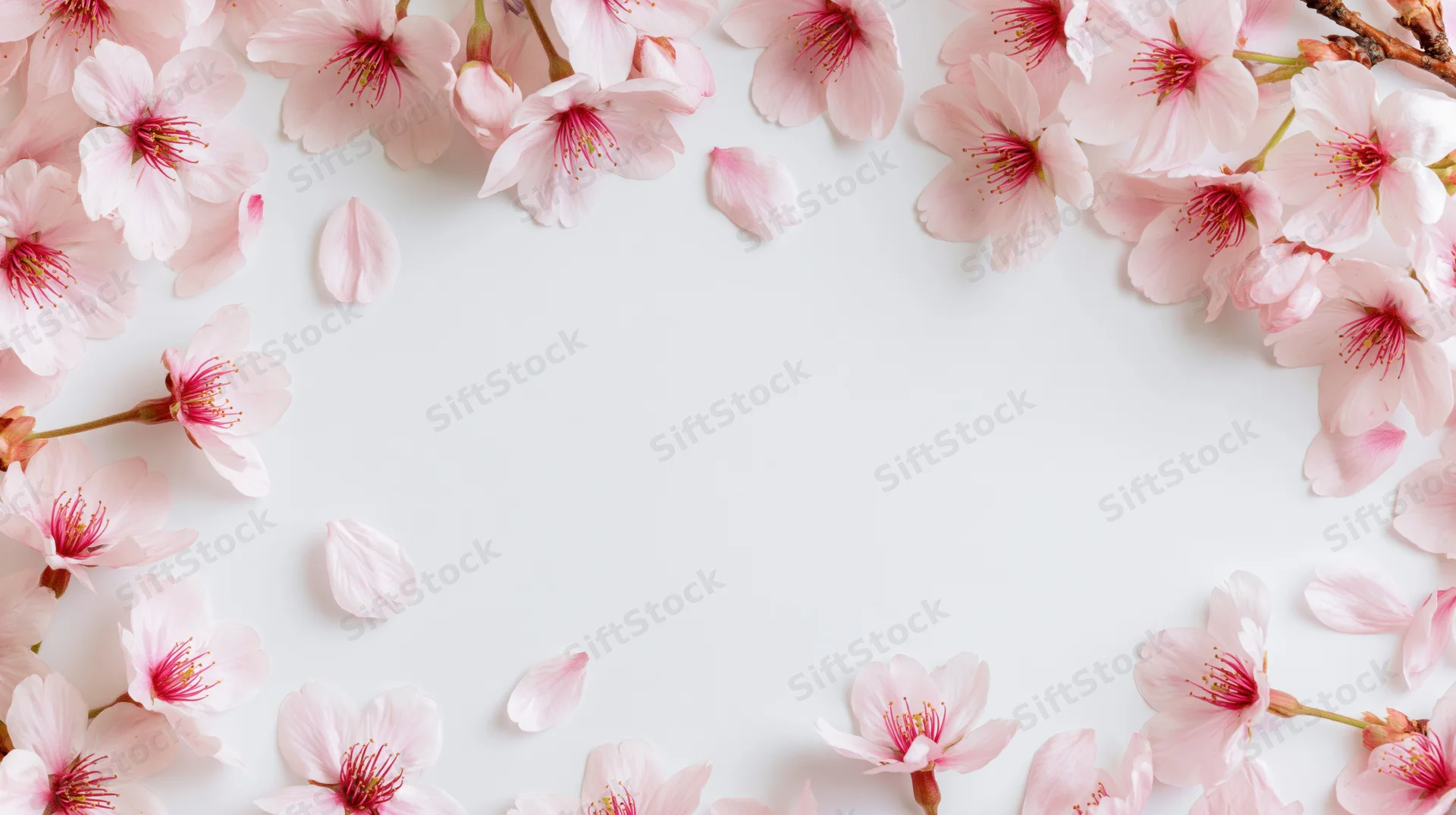Cherry blossom flowers and petals arranged in a border frame on white background with copyspace