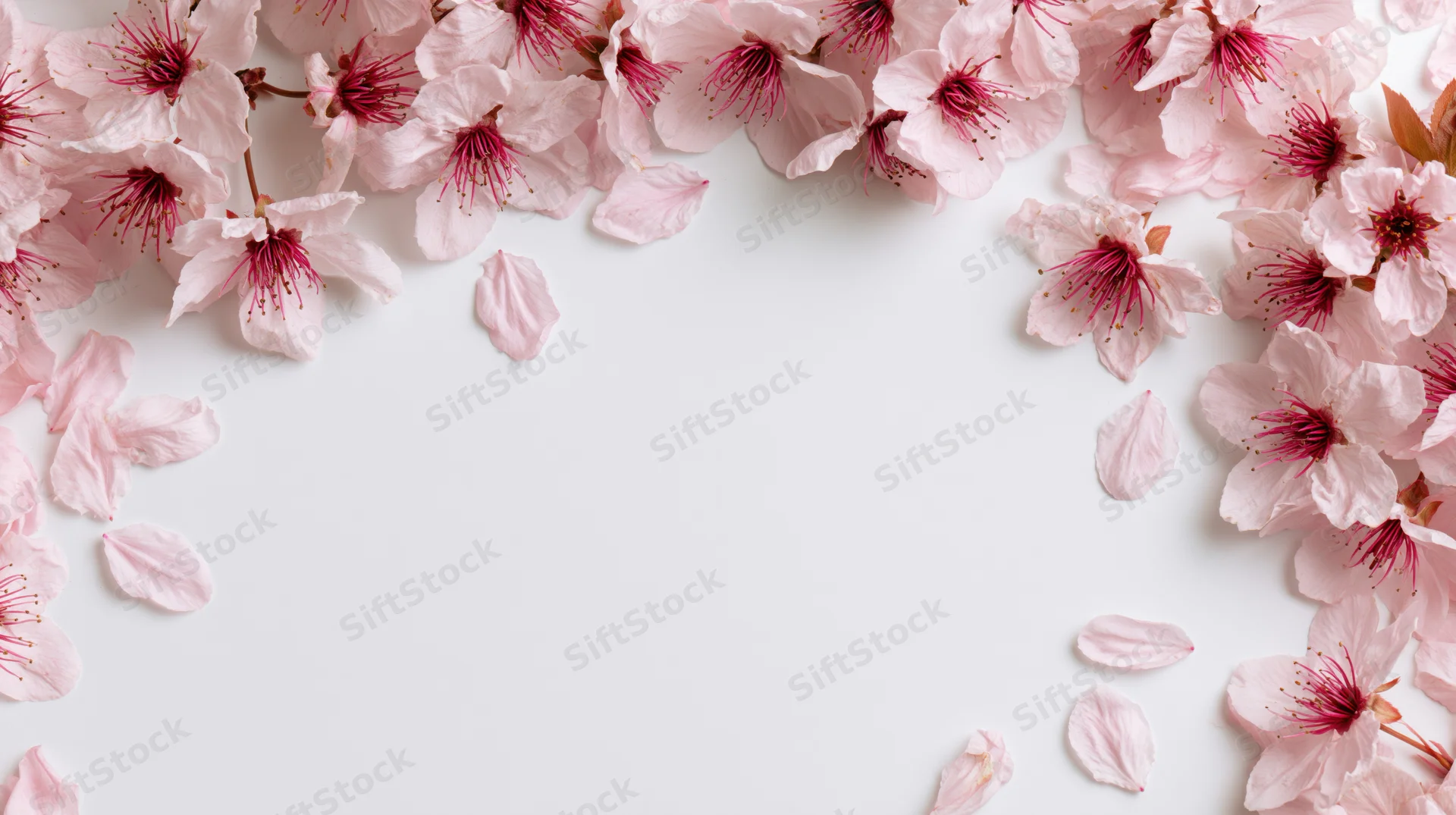 Cherry blossom flowers and petals arranged in a frame on white background with copyspace