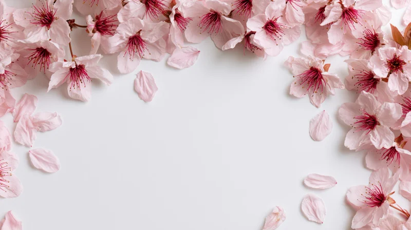 Cherry blossom flowers and petals arranged in a frame on white background with copyspace