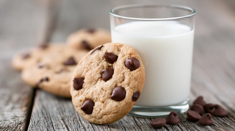 Chocolate chip cookie leaning against a glass of milk on a wooden table
