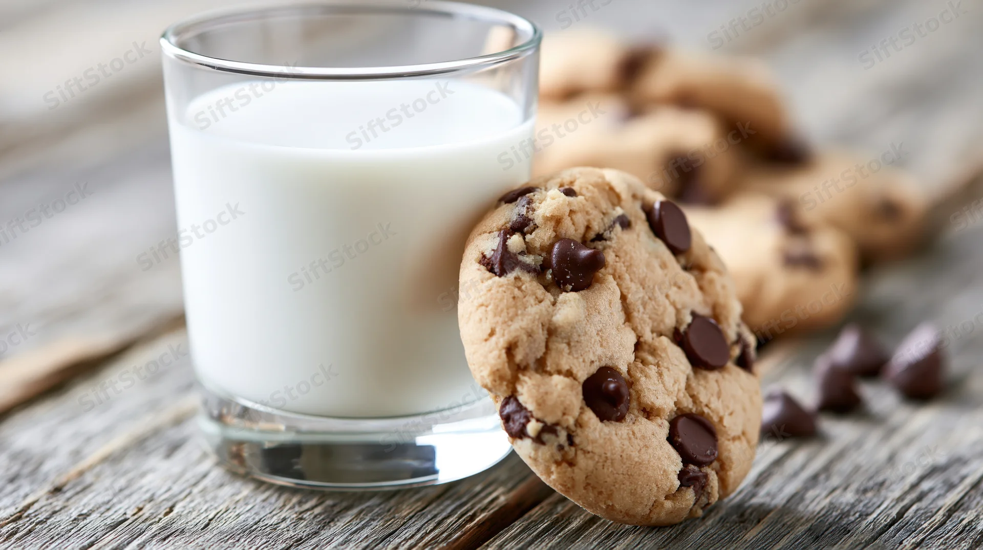 Chocolate chip cookie leaning against a glass of milk on a rustic wooden table