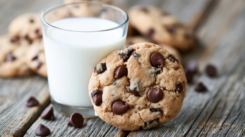 Chocolate chip cookie leaning against a full glass of milk on a rustic wooden table
