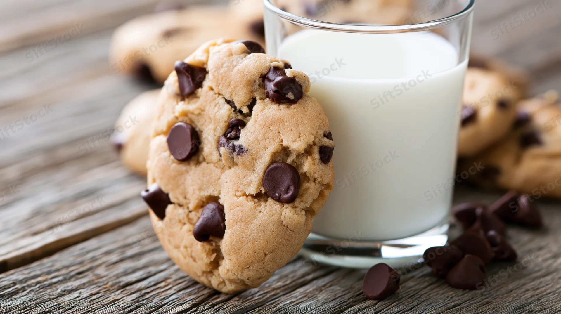 Chocolate chip cookie leaning against a full glass of milk on a wooden table