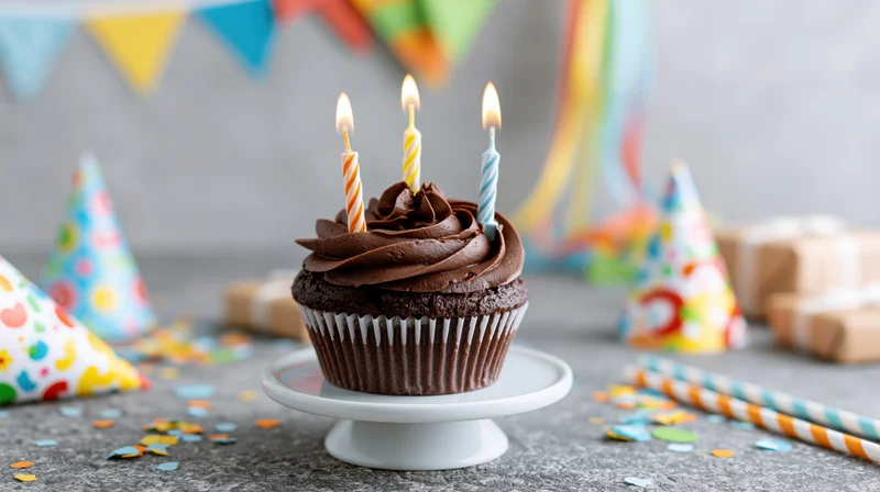 Chocolate cupcake with lit twisted birthday candles on a small white stand surrounded by party hats and confetti