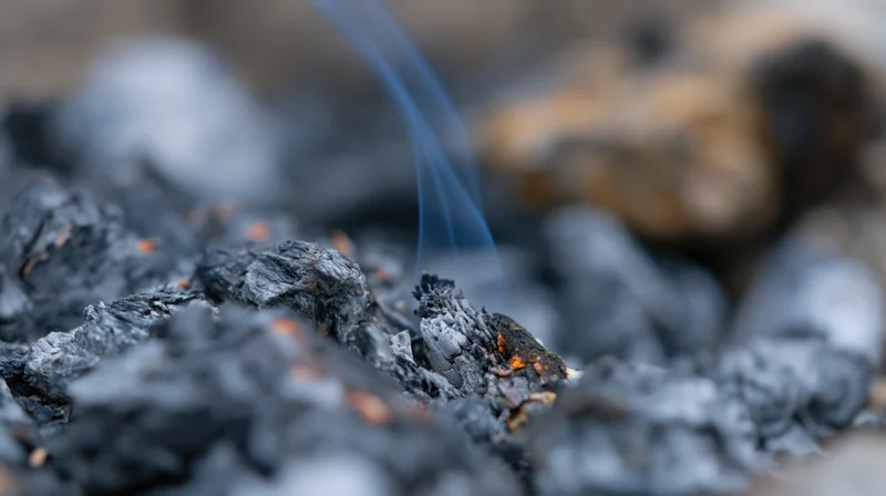 Smoldering cigarette stubbed out in ash and embers on rocky ground