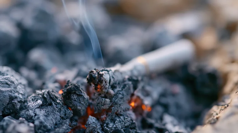 Cigarette stubbed out in ash and embers, close-up view