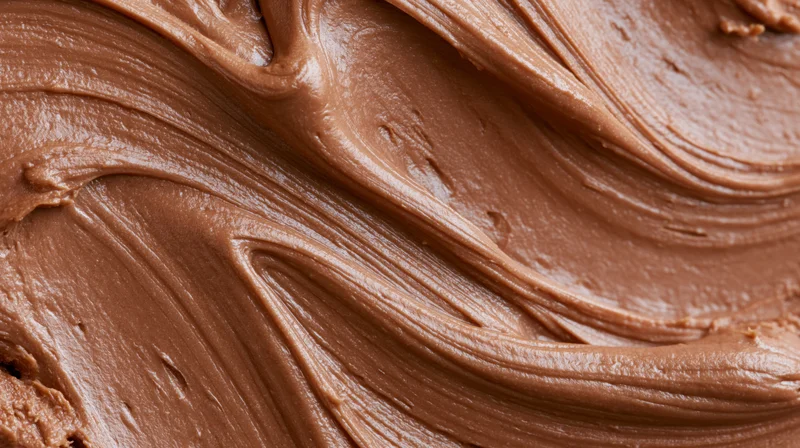 Close-up of smooth milk chocolate spread with swirling texture filling the frame