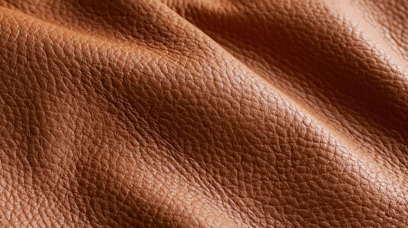 Close-up of tan cognac leather surface with natural grain and folds
