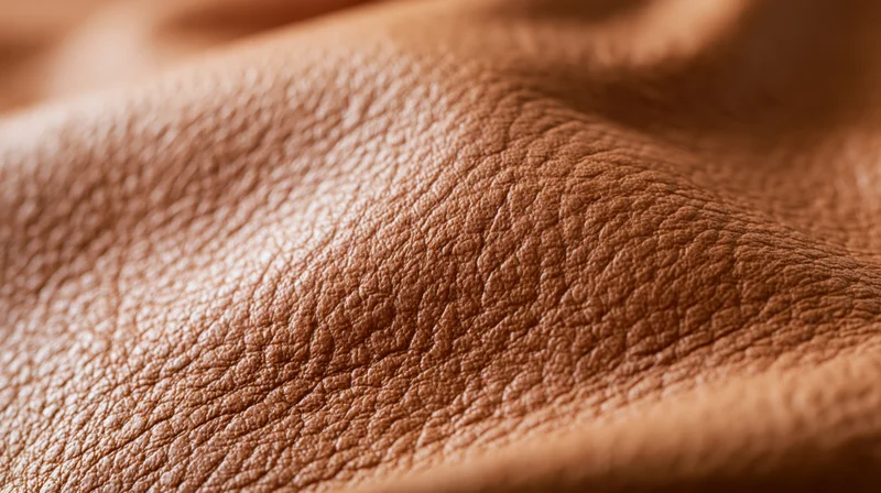 Close-up of tan cognac leather surface showing natural grain and texture
