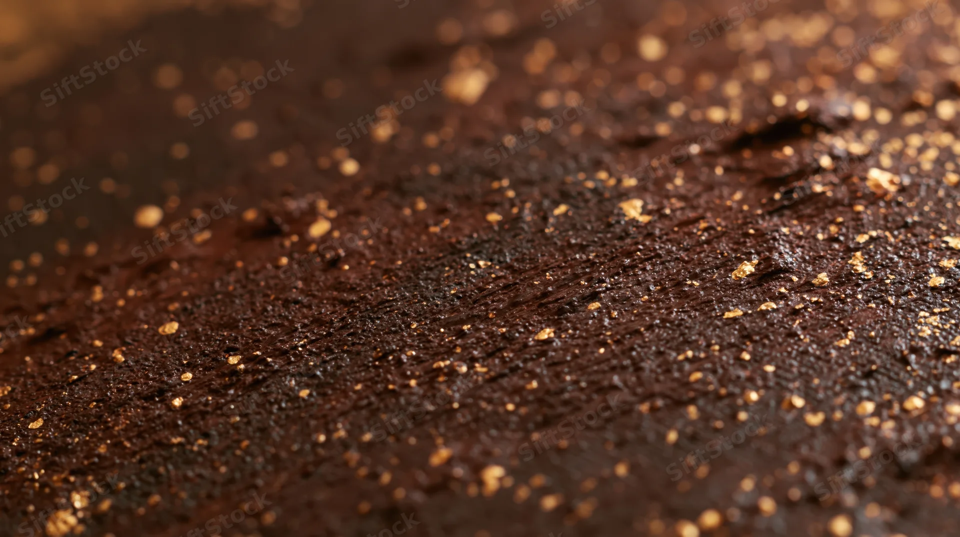 Close-up of dark chocolate dessert surface with golden speckles and textured crumb