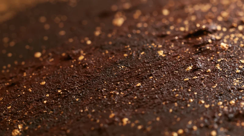 Close-up of dark chocolate dessert surface with golden speckles and textured crumb