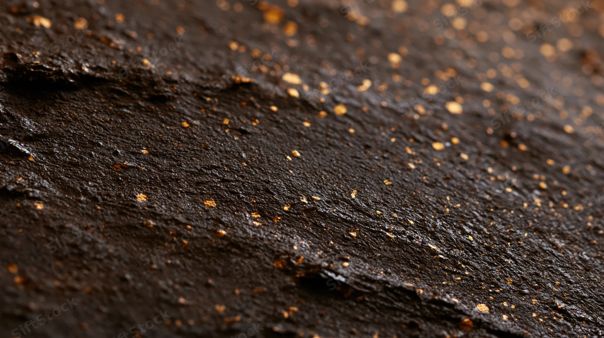 Close-up of dark brown textured surface with golden speckles and rough grainy details