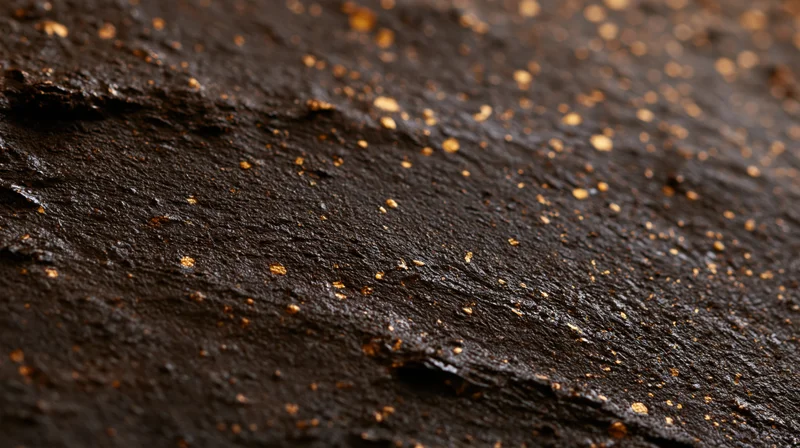 Close-up of dark brown textured surface with golden speckles and rough grainy details