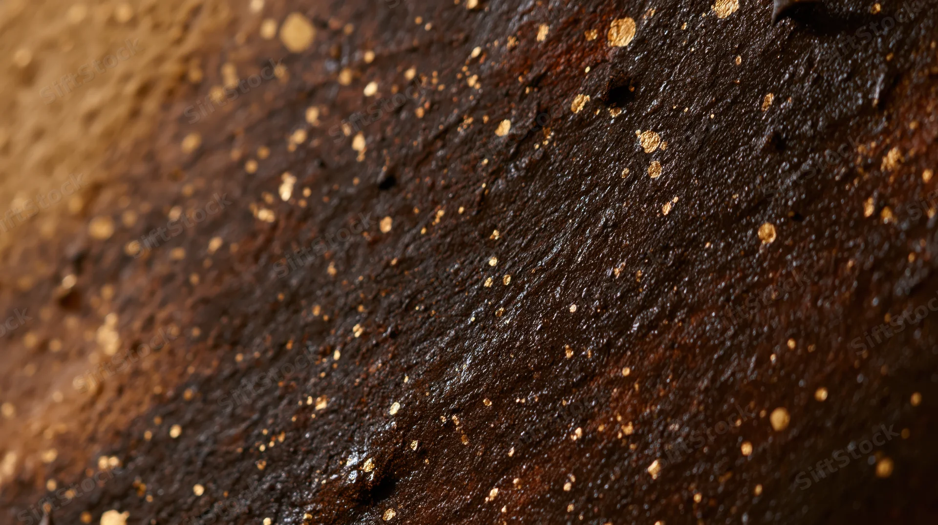 Close-up of dark chocolate cake surface with glossy texture and scattered crumbs