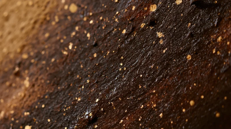 Close-up of dark chocolate cake surface with glossy texture and scattered crumbs