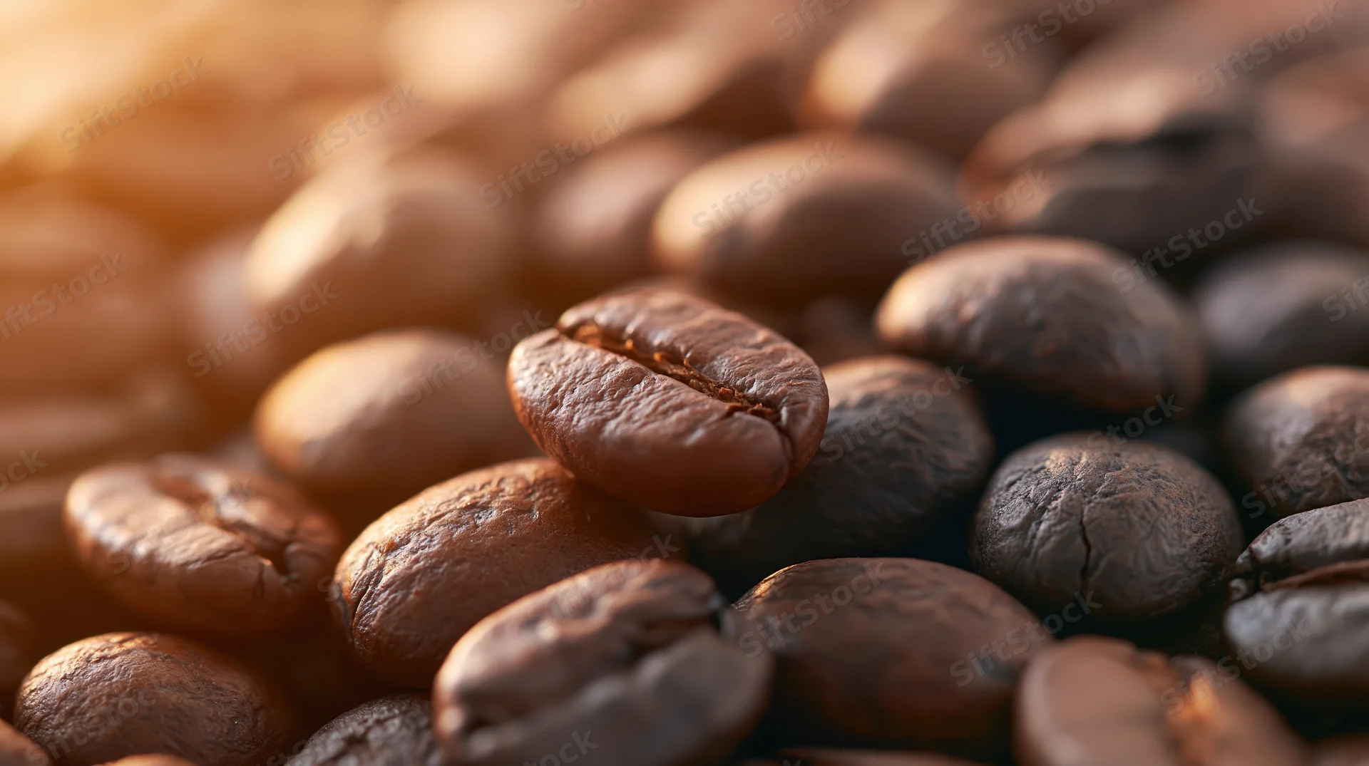 Roasted coffee beans piled together in close-up macro view