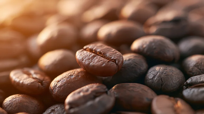 Roasted coffee beans piled together in close-up macro view
