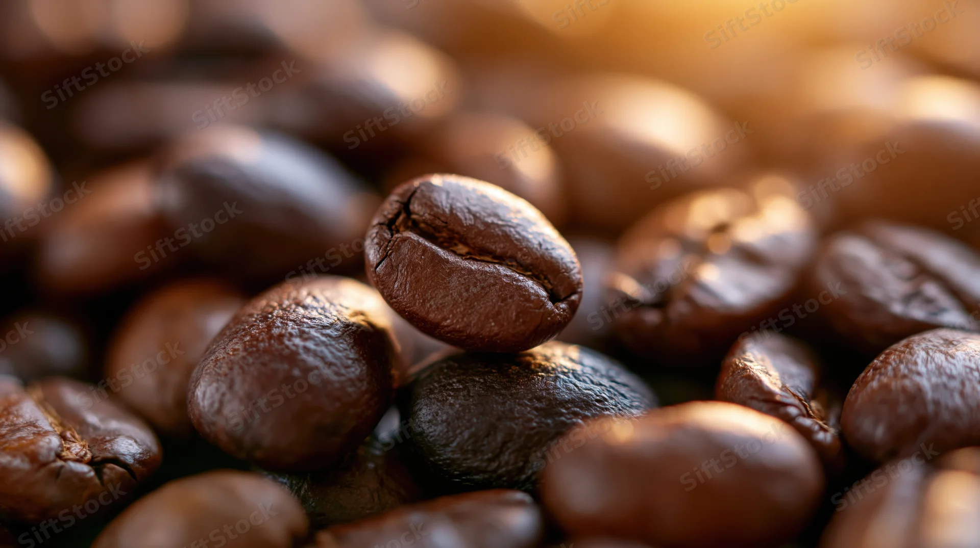 Close-up of roasted coffee beans piled together with warm lighting and shallow depth of field