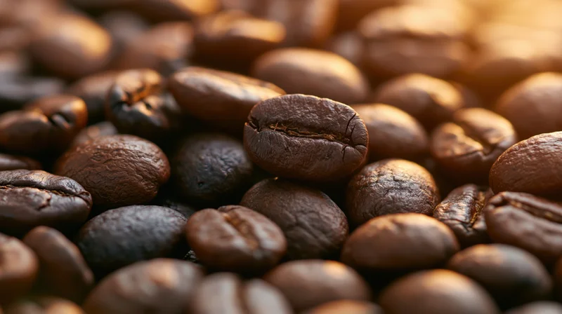 Close-up of roasted coffee beans piled together with warm lighting and shallow depth of field