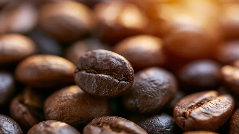 Roasted coffee beans piled together in close-up macro view