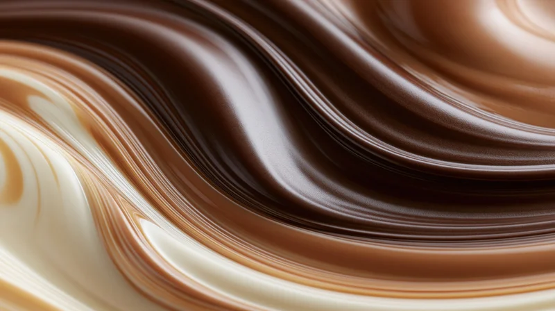 Swirling melted dark and milk chocolate with cream in a close-up macro view