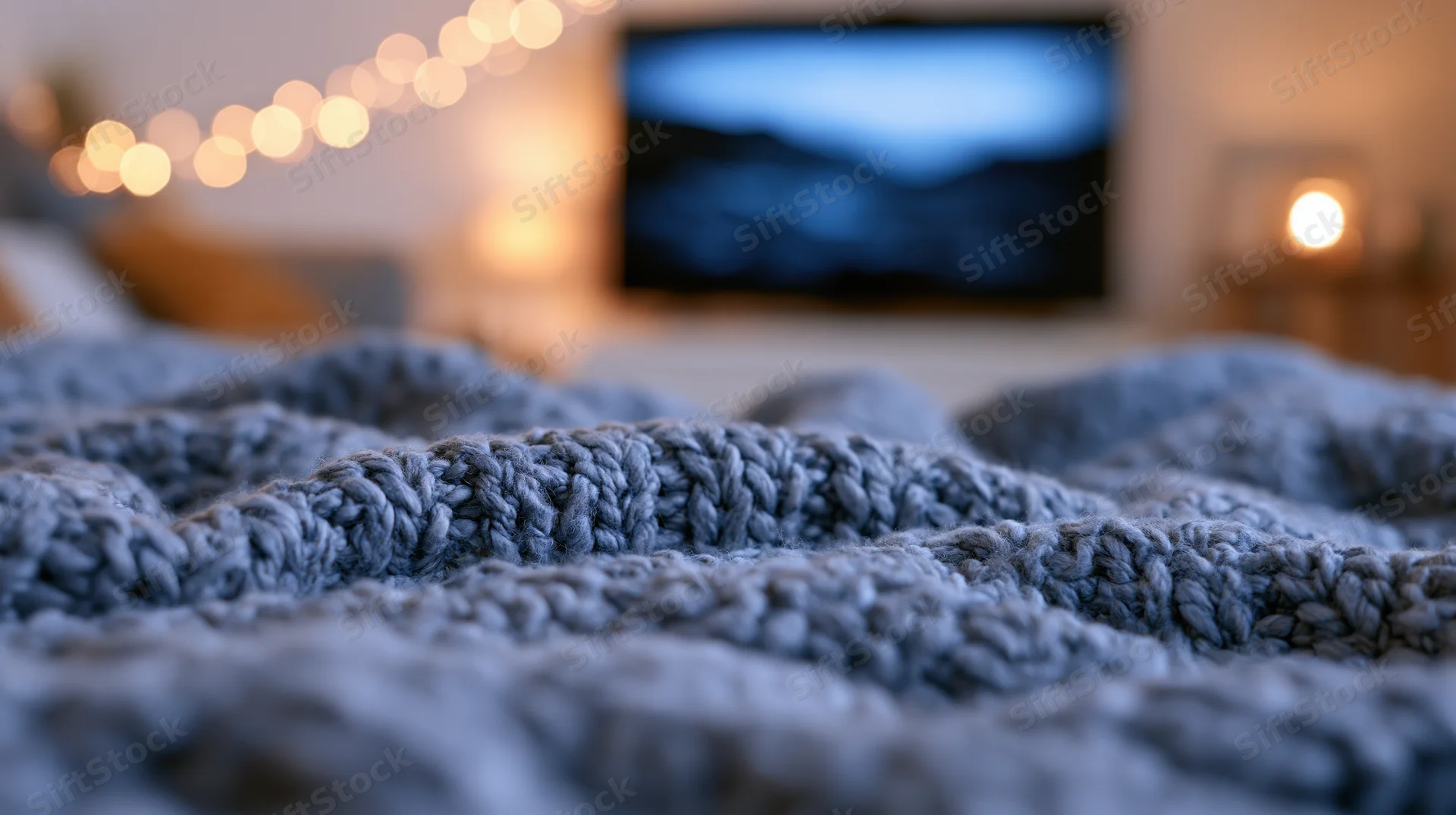 Close-up of a rumpled gray knit blanket in a living room with a blurred television and string lights in the background
