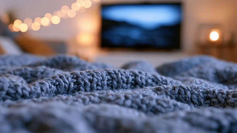 Close-up of a rumpled gray knit blanket in a living room with a blurred television and string lights in the background