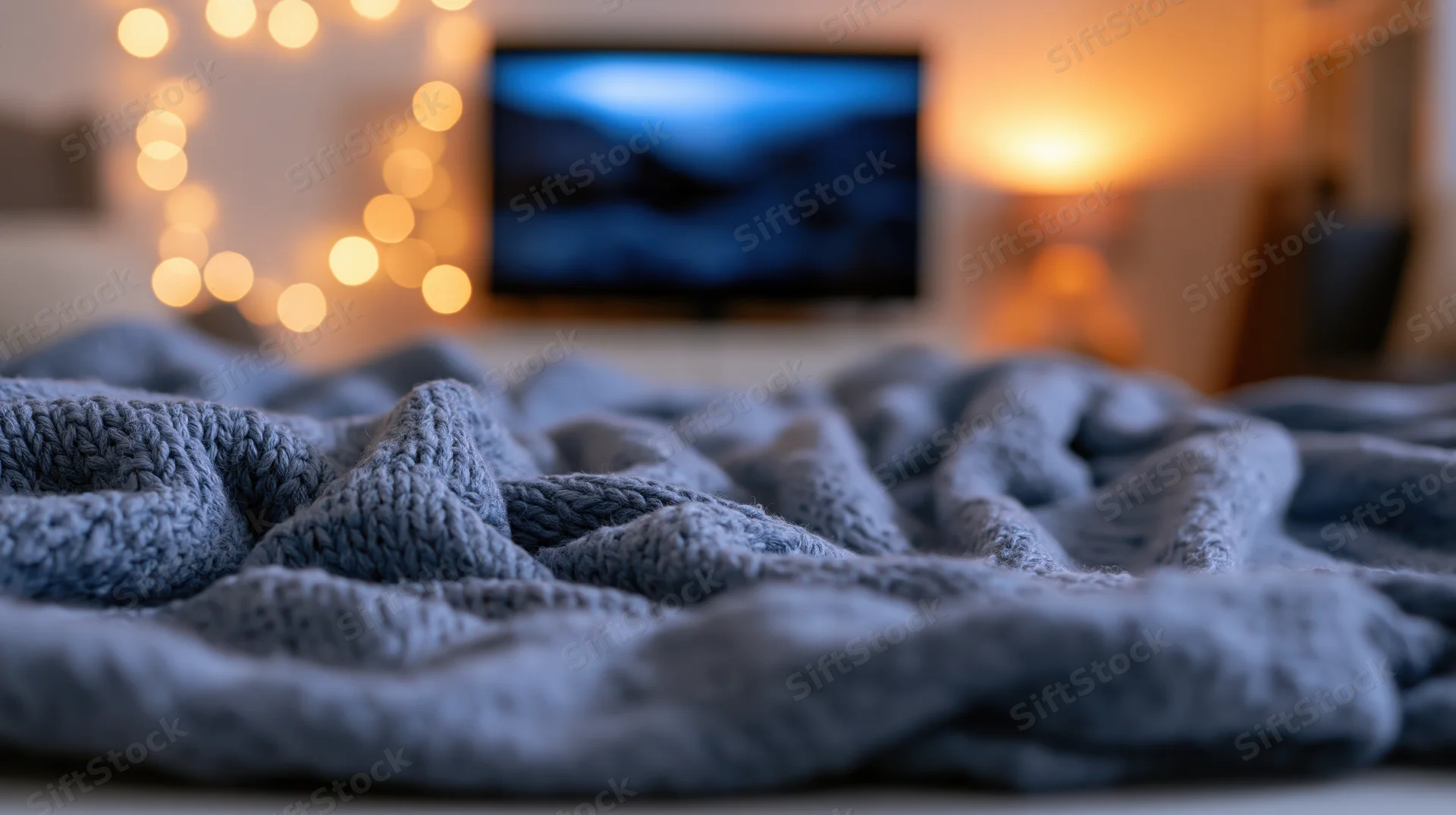 Rumpled knit blanket in foreground with television and warm lights in background