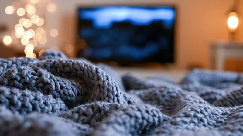 Close-up of a rumpled gray knit blanket in a living room with a television and festive lights in the background