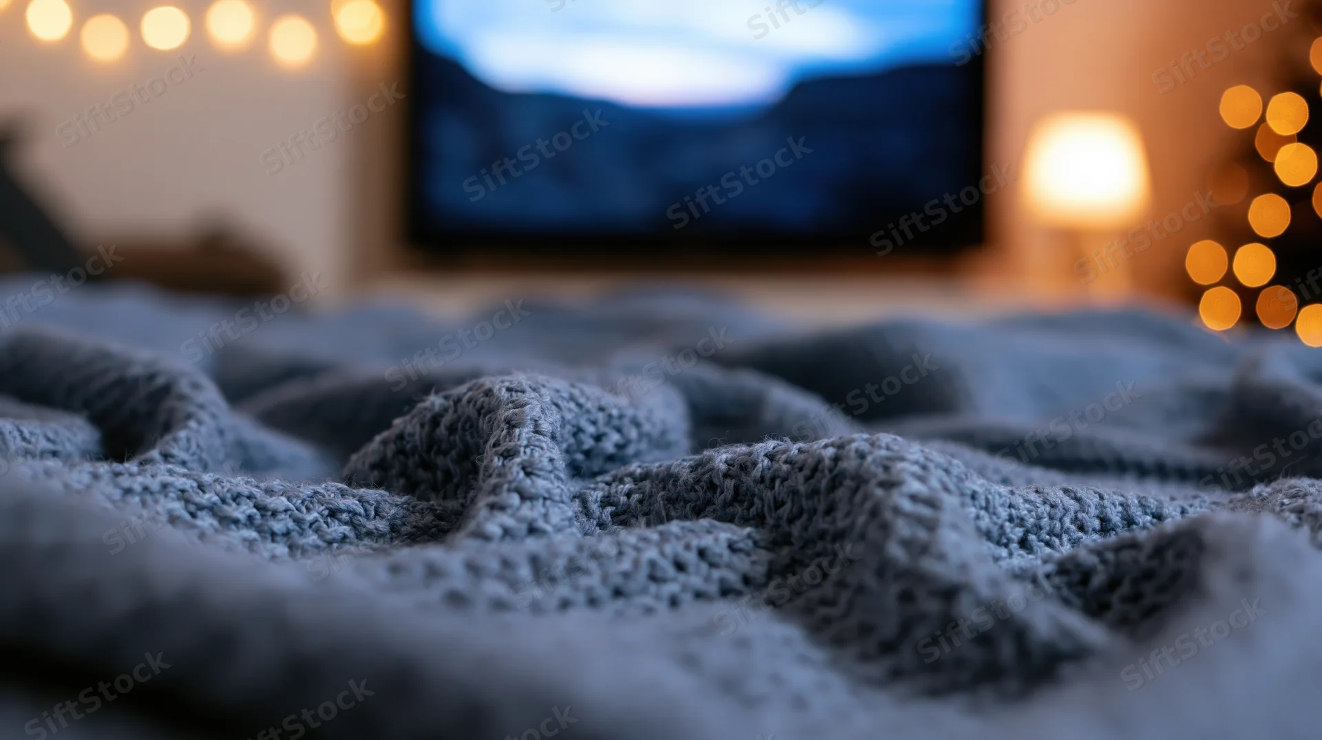 Close-up of a rumpled gray knit blanket in a living room with a television and festive lights in the background