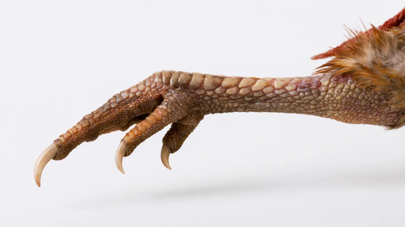 Close-up of a rooster's foot and lower leg extended against a white background