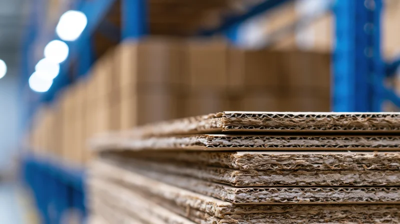 Stacked flat corrugated cardboard sheets in a warehouse storage area