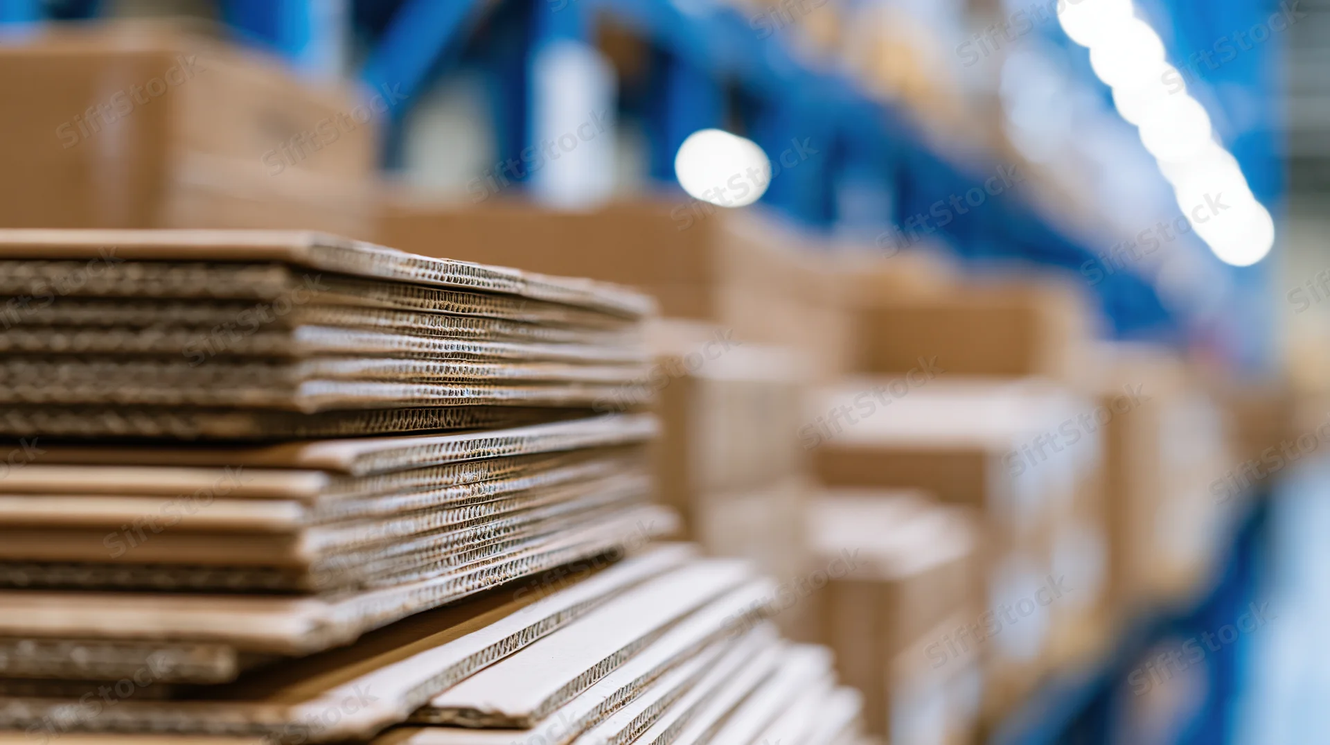 Stacked flat corrugated cardboard sheets in a warehouse storage area