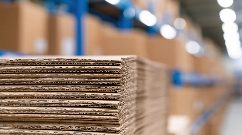 Stacked flat corrugated cardboard sheets in a warehouse storage area