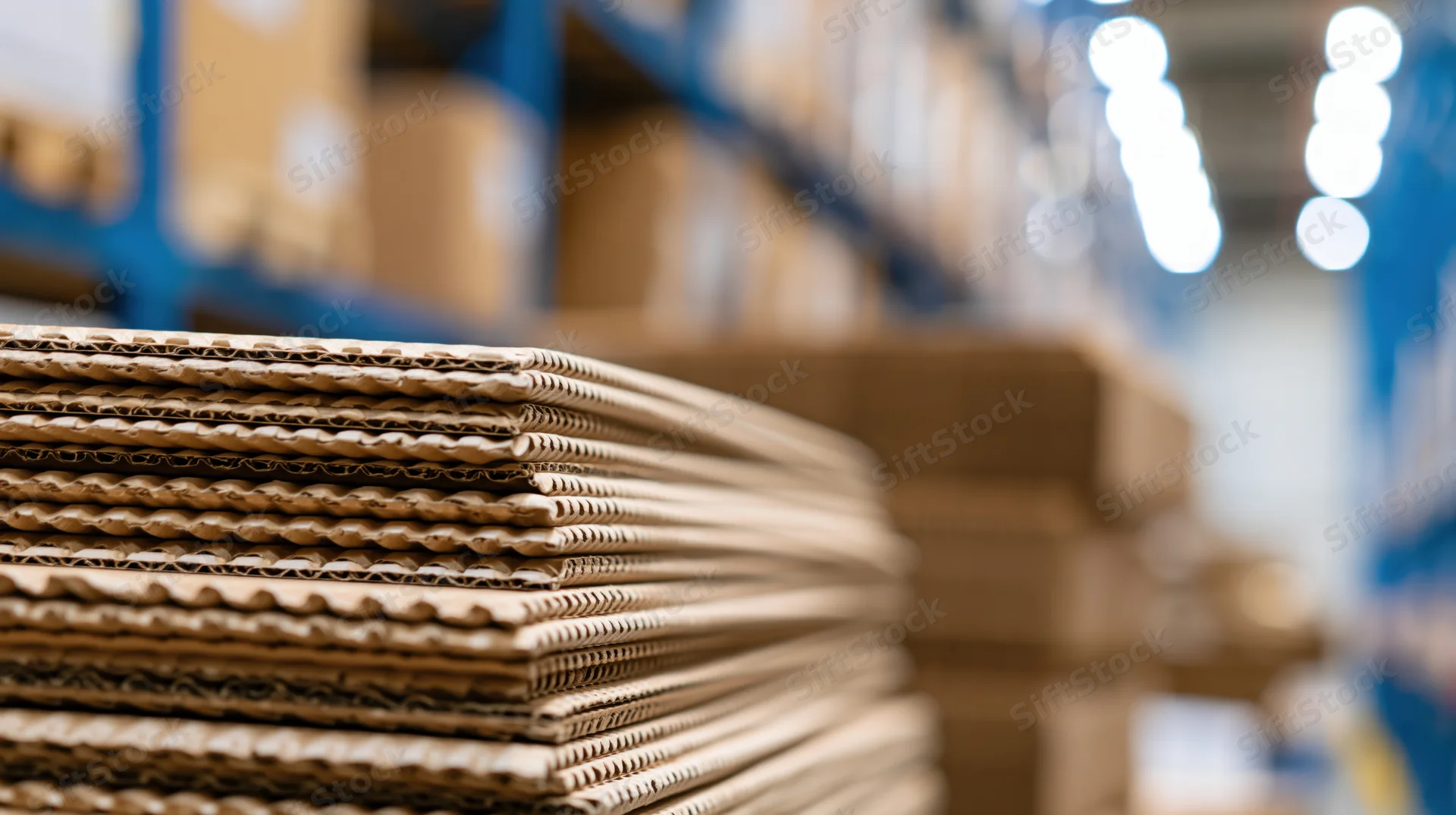 Stacked flat corrugated cardboard sheets in a warehouse storage area