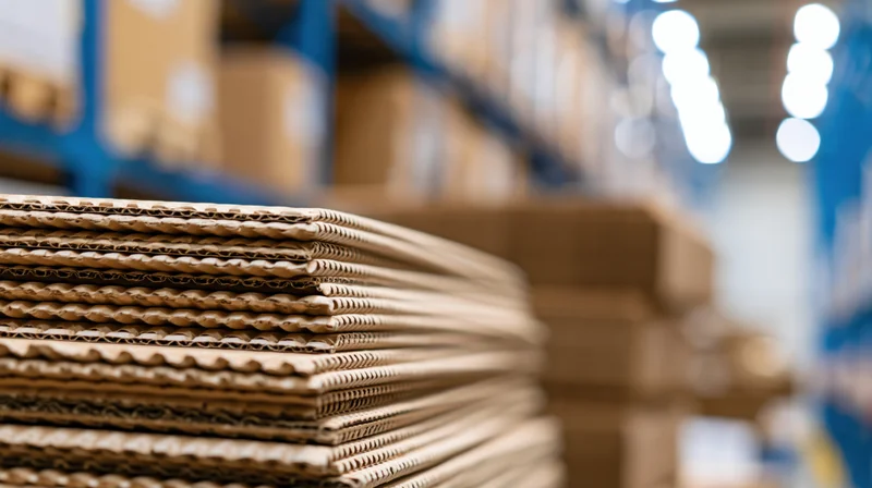 Stacked flat corrugated cardboard sheets in a warehouse storage area