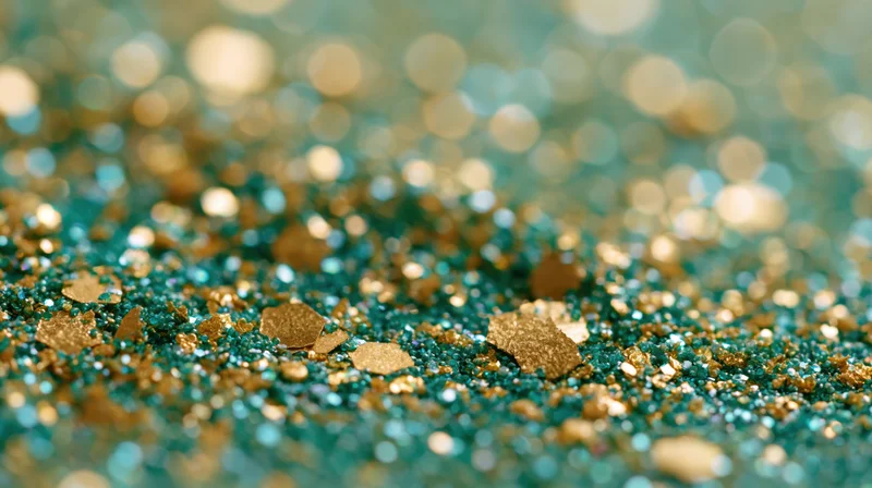 Scattered gold glitter and sequins on a teal surface with bokeh background