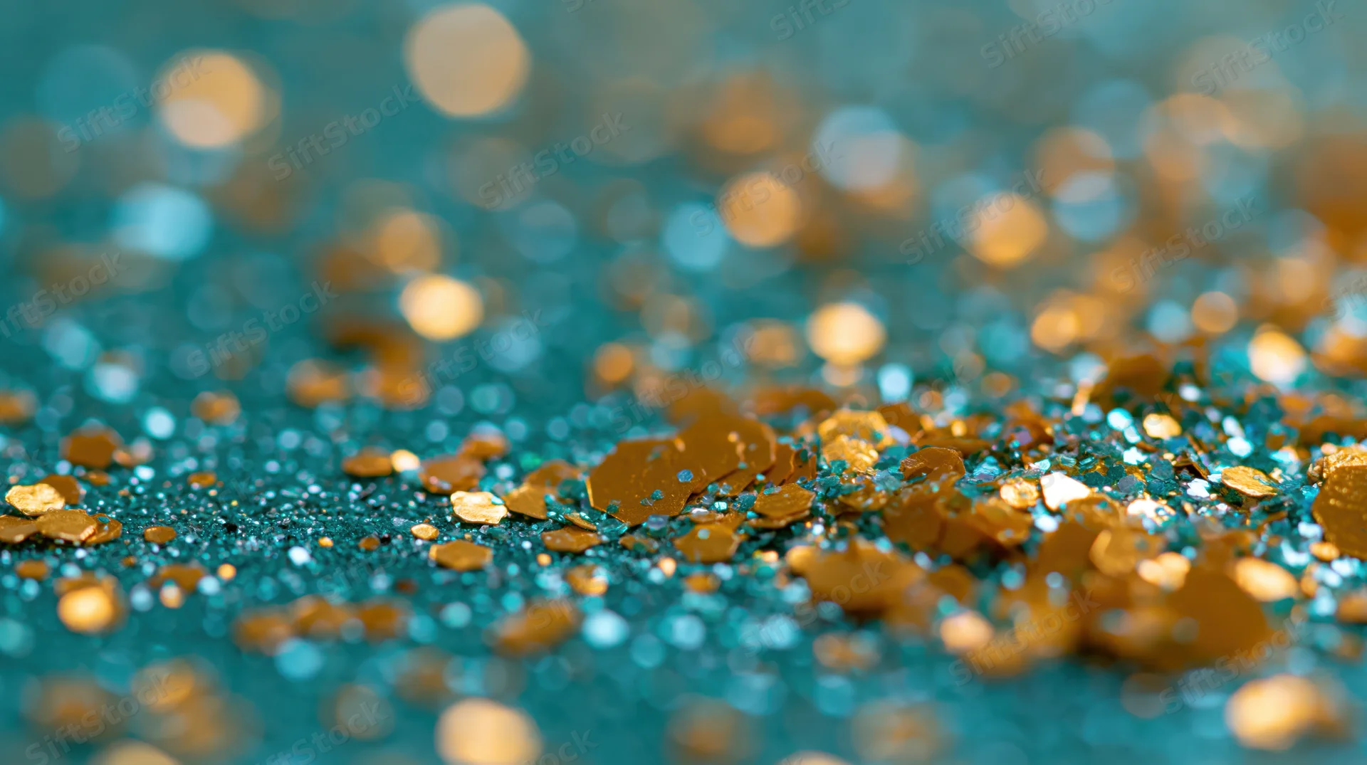 Scattered gold glitter and sequins on a teal surface with bokeh background