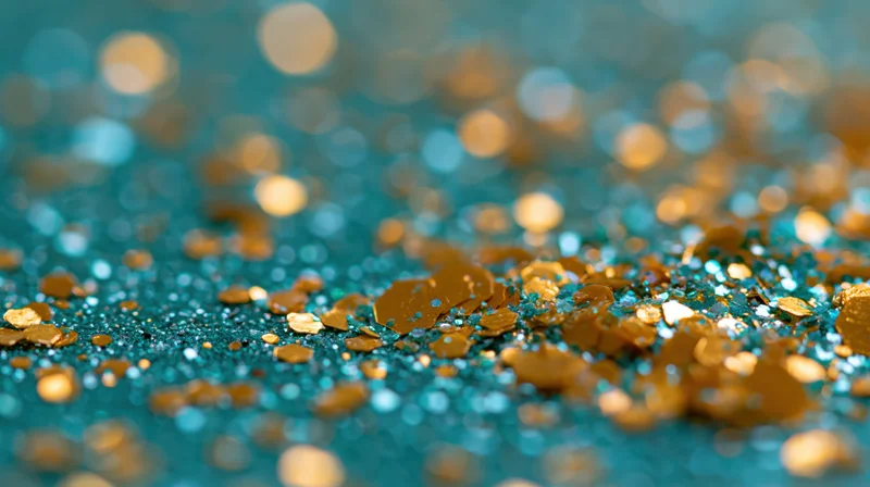 Scattered gold glitter and sequins on a teal surface with bokeh background