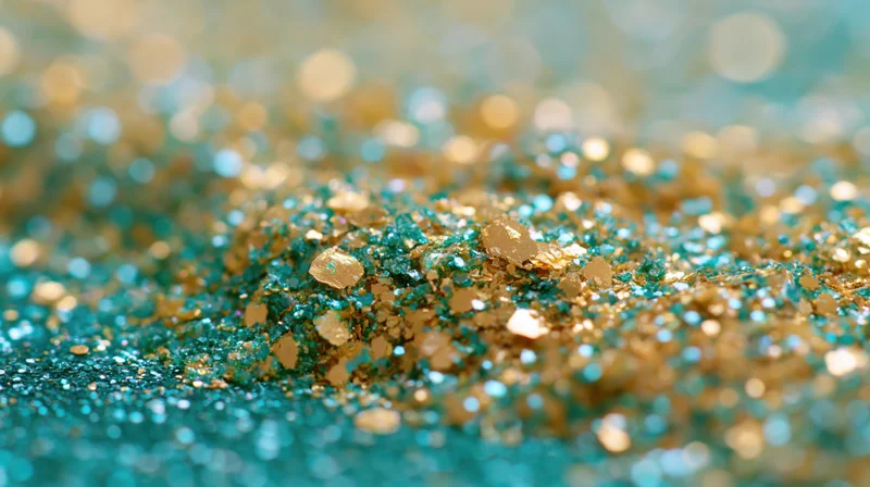 Scattered gold glitter and sequins on a teal surface in close-up macro view