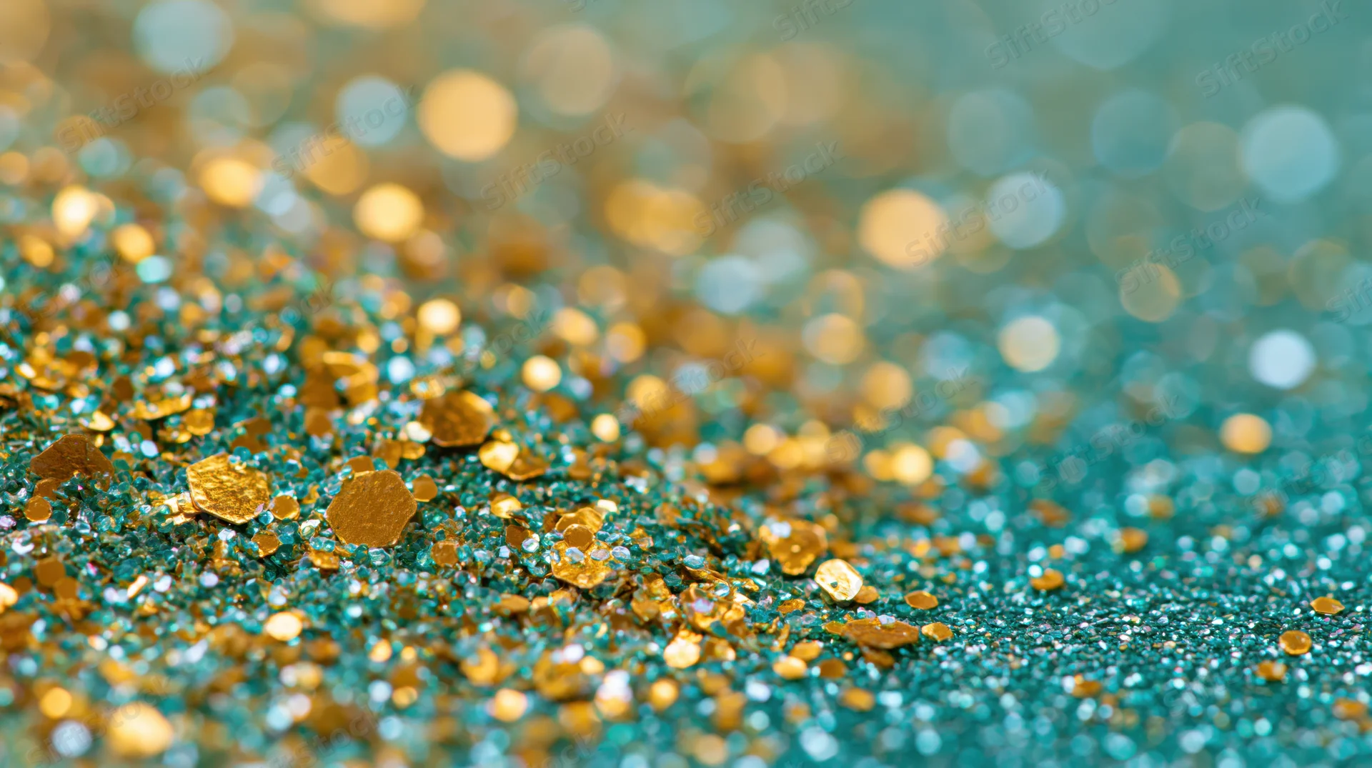 Scattered gold glitter and sequins on a teal surface with bokeh background