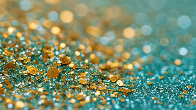 Close macro shot of gold glitter and sequins on a table