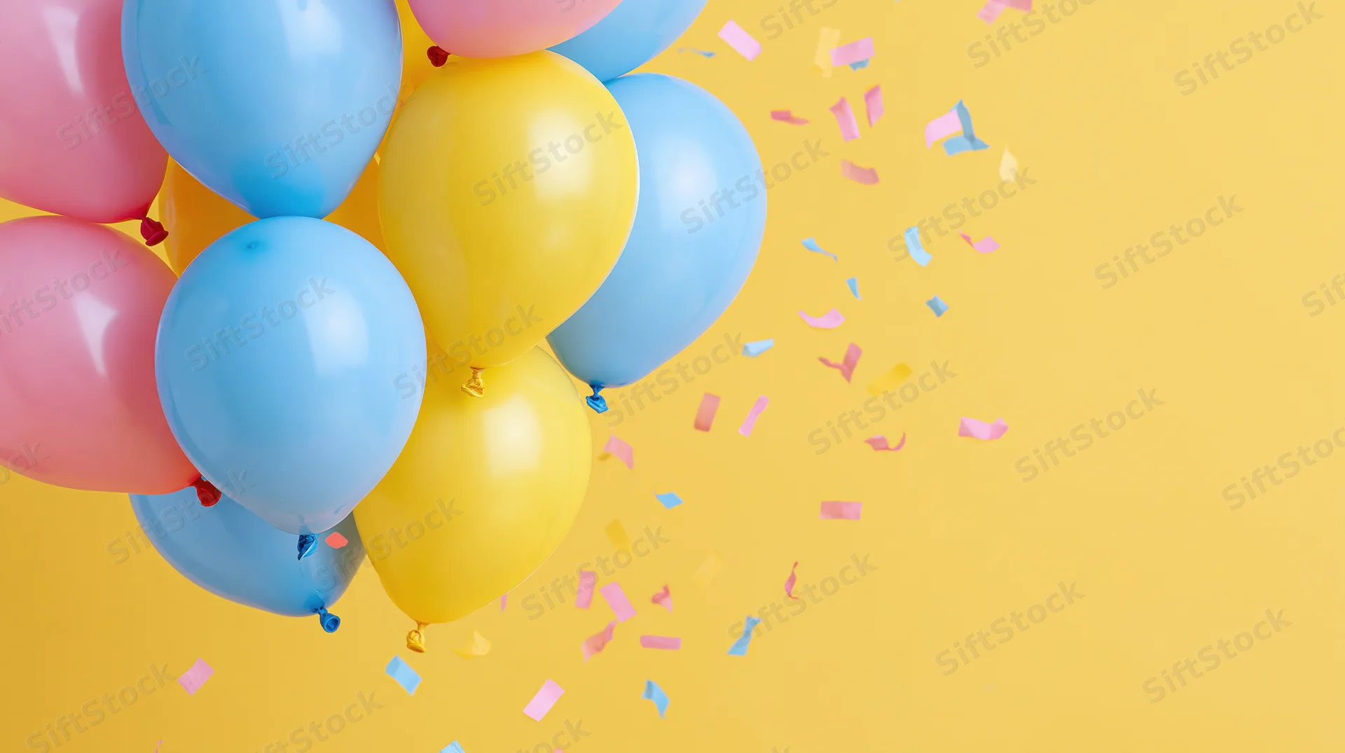 Cluster of blue pink and yellow latex balloons floating with confetti against yellow background