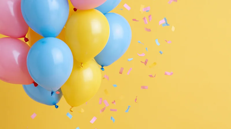 Cluster of blue pink and yellow latex balloons floating with confetti against yellow background